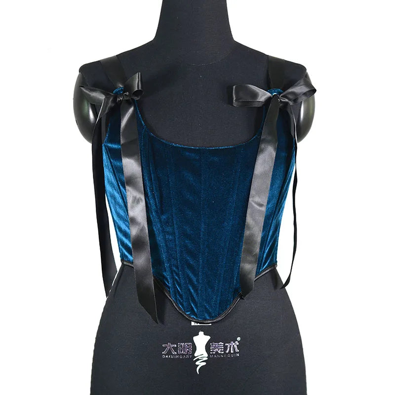 Corset velvet bleu rubans noirs