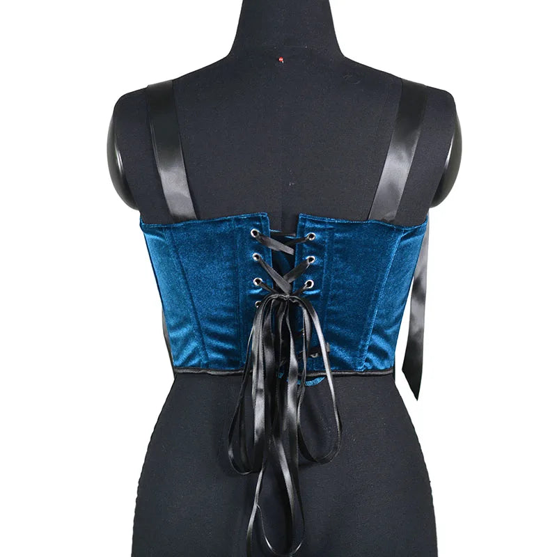 Corset velvet bleu rubans noirs dos