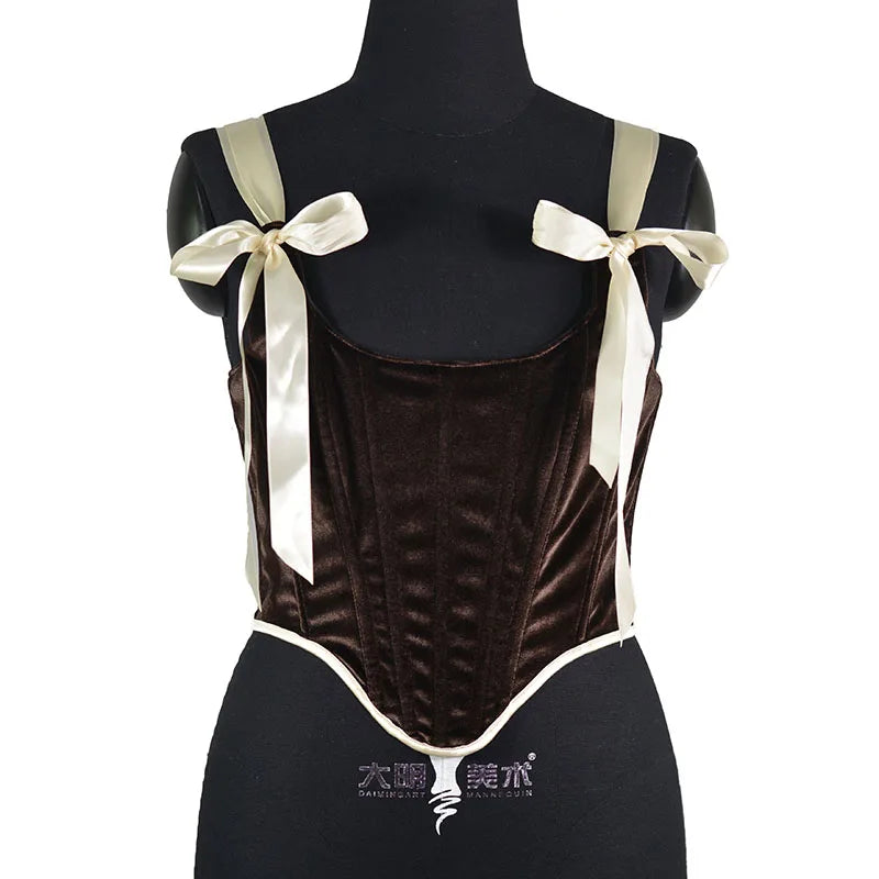 Corset velvet brun rubans crèmes