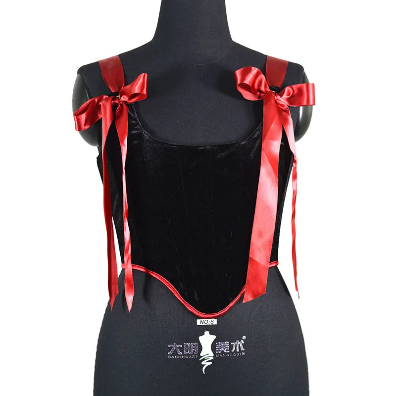 Corset velvet noir rubans rouges