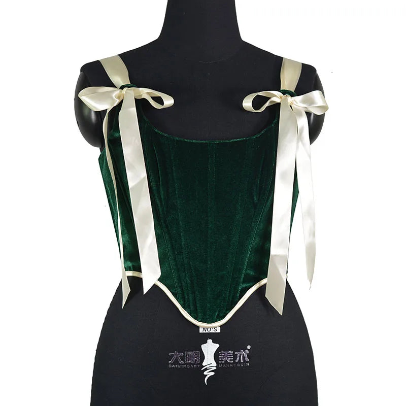 Corset velvet vert rubans crèmes