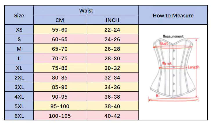 Guide des tailles corset vinyle